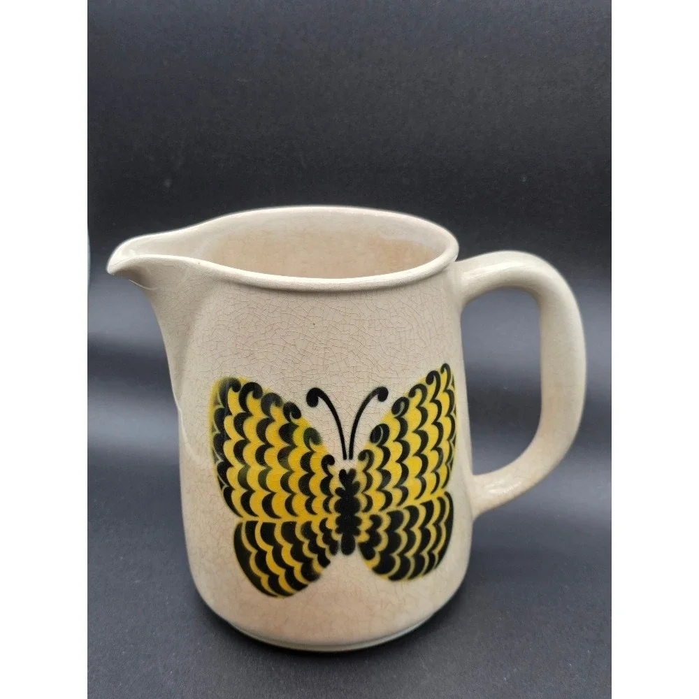 Vintage MCM Arabia Finland Yellow Butterly‎ Pitcher Cream Crackle Glaze